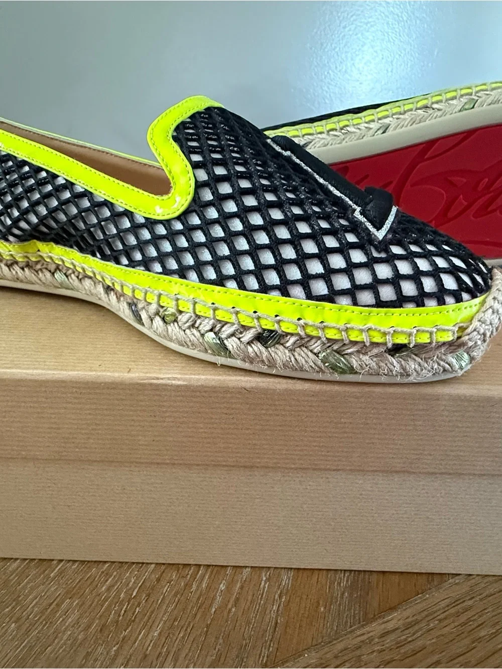Christian Louboutin Black Mesh Espadrille with Neon Yellow Trim